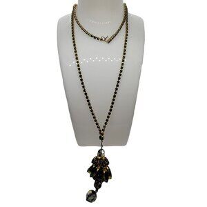 Gold Tone Green Rhinestone Chain Necklace With Rhinestone Pendant – 24” Long